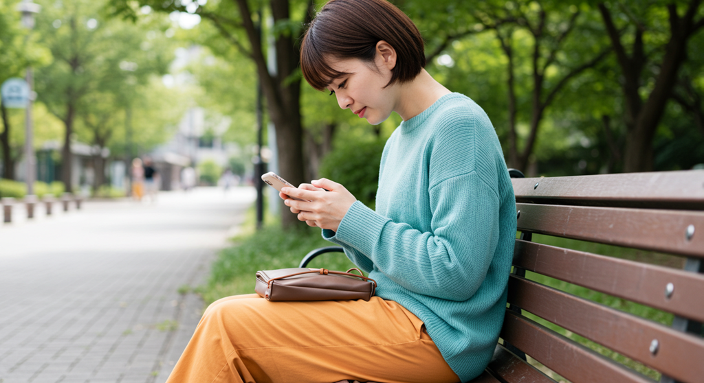 スマホを操作する猫背の女性